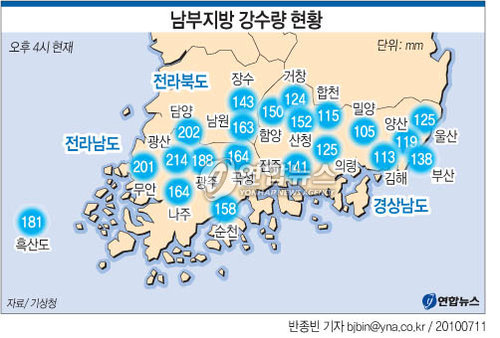 <그래픽> 남부지방 강수량 현황