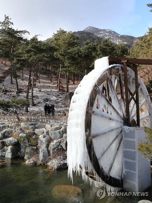 꽁꽁 언 산청 동의보감촌 물레방아