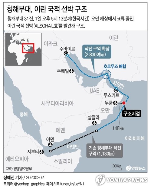 호르무즈 작전구역 확대 청해부대, 표류중인 이란 선박 구조