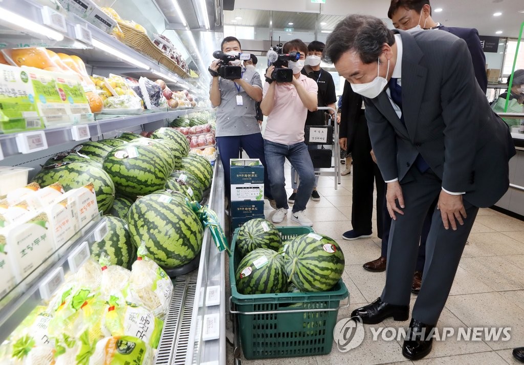 인천 검단농협서 수박 살펴보는 이낙연