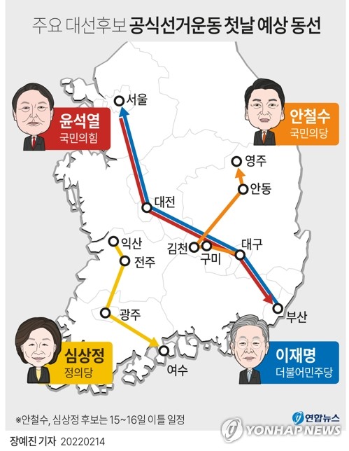 [그래픽] 주요 대선후보 공식선거운동 첫날 예상 동선