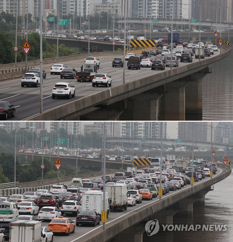 강변북로 출근길, 오늘과 2년여전 모습