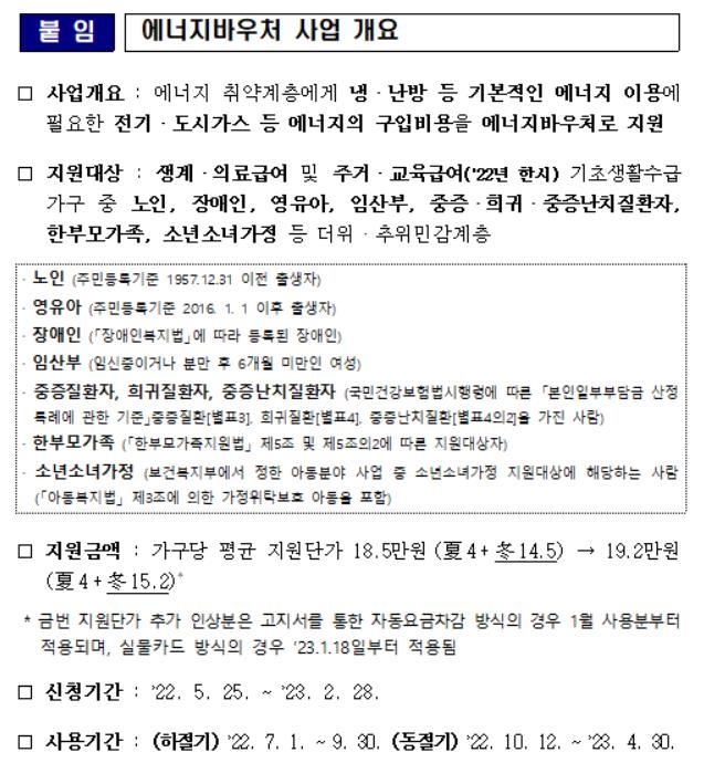 동절기 에너지바우처 취약계층 평균 15만원 지원