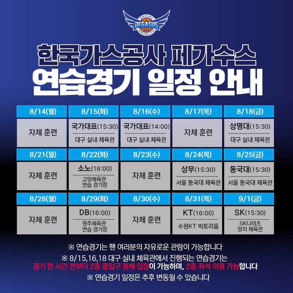남자농구 대표팀, 15∼16일 한국가스공사와 연습 경기