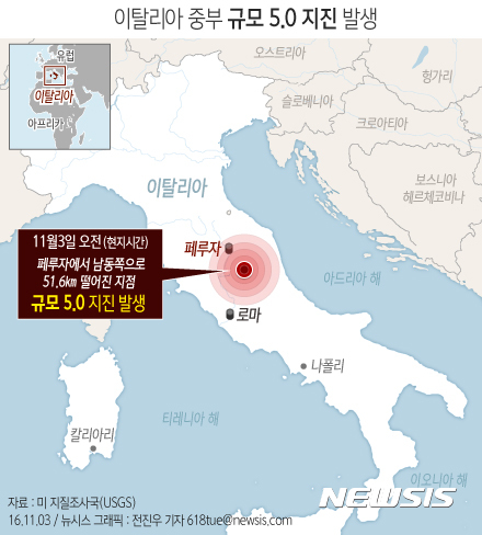 [그래픽]이탈리아 중부, 규모 5.0 지진 발생