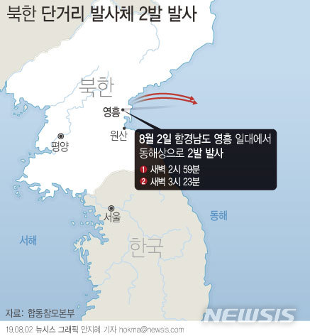 [그래픽]북한, 영흥 일대서 단거리 발사체 또 발사