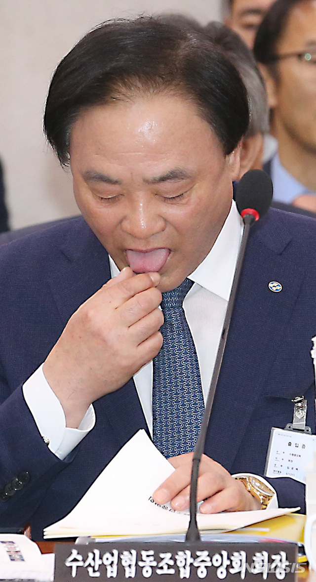 침 바르며 자료 살펴보는 임준택 수산업협동조합중앙회 회장