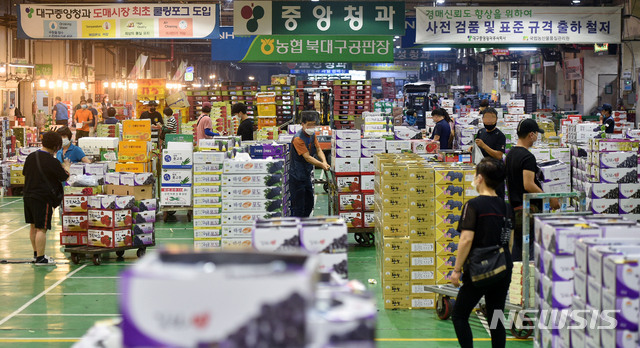 분주히 움직이는 청과물시장 상인들