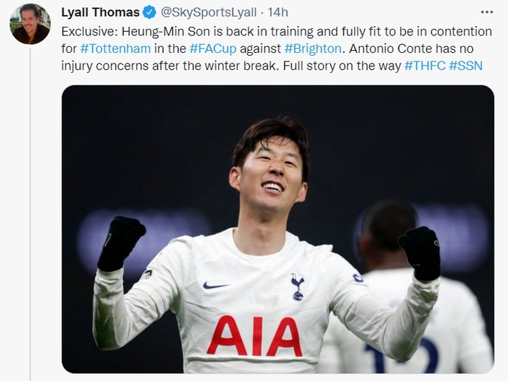 英 매체 기자 손흥민 훈련 복귀…6일 FA컵 뛸 수 있어