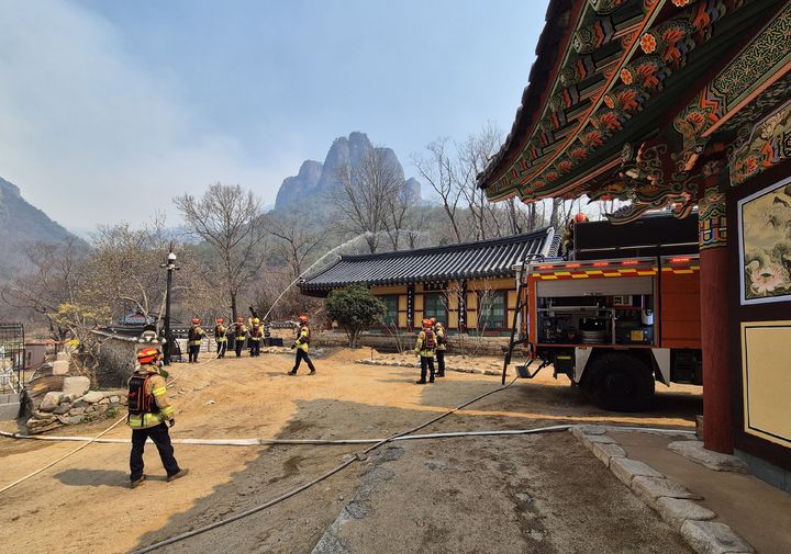청송 주왕산국립공원·대전사, 화마 피해…밤새 물 뿌렸다