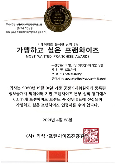 남다른감자탕, 2021 가맹하고 싶은 프랜차이즈 300 선정