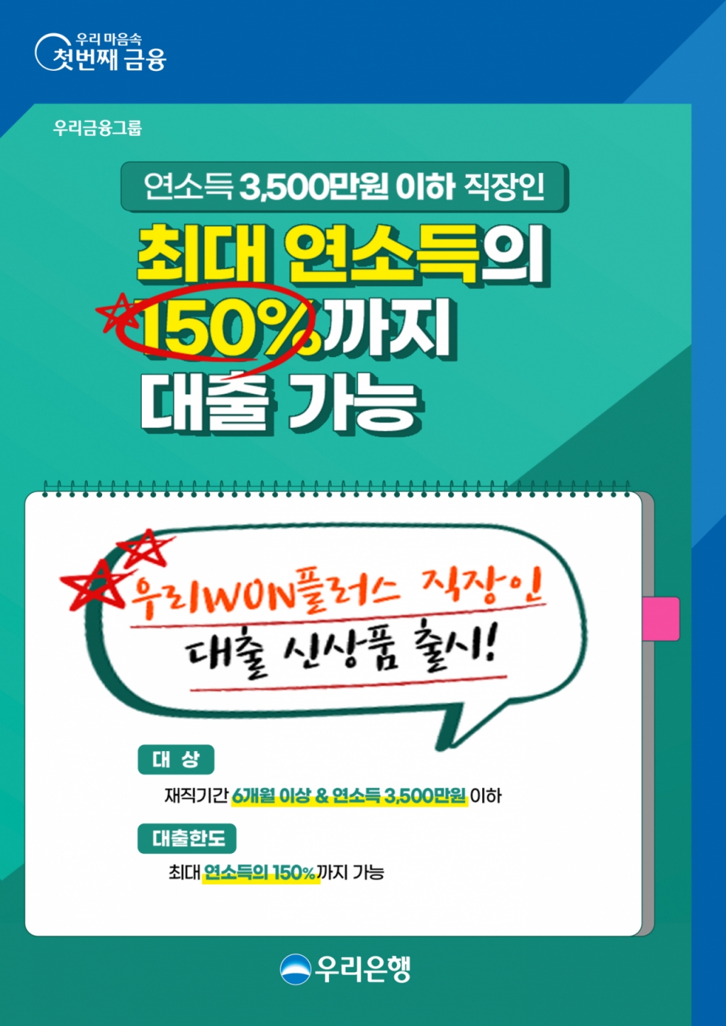 우리은행, 연소득 3500만원 이하 직장인 신용대출 출시