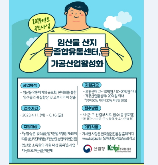 산림청, 2024년 임산물 유통·가공 기반시설 지원 공모…100억 규모