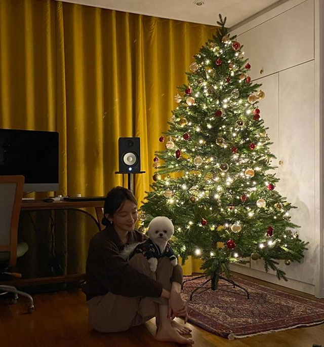 강민경, 크리스마스 트리 앞에서 우아美 발산(ft.반려견 휴지)