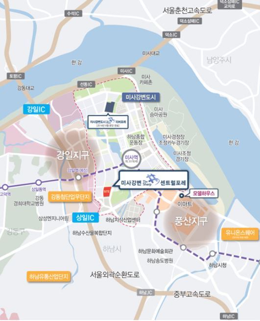 [미사강변 더샵 센트럴포레②입지]상일IC·미사역 인접, 초교 바로 옆