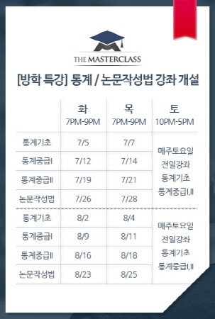 논문컨설팅 더 마스터클래스 방학 맞이 통계 및 논문 작성법 강좌 개설