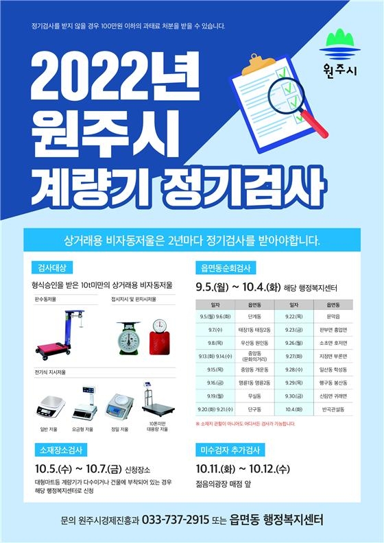 원주시, 상거래용 계량기(저울) 정기 검사…9월 5일~10월 12일
