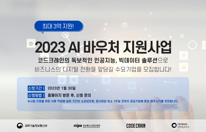 AI 솔루션 기업 코드크레인, ‘2023 AI바우처 지원사업’ 수요기업 모집