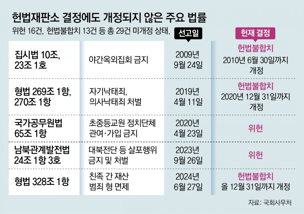 헌재 결정에도 꿈쩍않는 국회… ‘위헌 법률’ 29건 안 고치고 방치