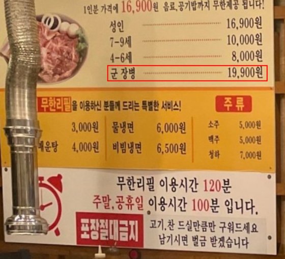 군인이 호구냐 말 나온 무한리필 고깃집 메뉴판, 어땠길래
