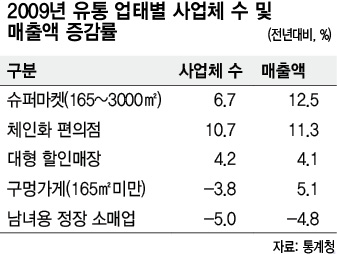 대형슈퍼 538곳 늘고, 구멍가게 3317곳 줄고