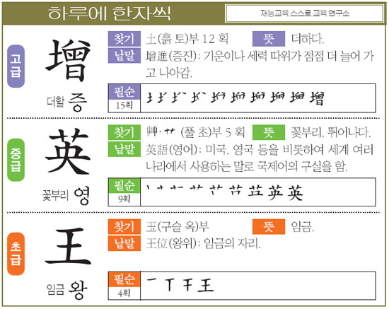 [하루에 한자씩] 고-더할 증(增) 중-꽃부리 영(英) 초-임금 왕(王)
