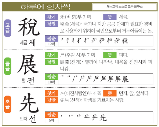 [하루에 한자씩 9월 16일] 고-세금 세(稅) 중-펼 전(展) 초-먼저 선(先)