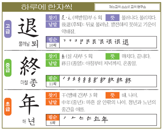[하루에 한자씩 9월 30일] 고-물러날 퇴(退) 중-마칠 종(終) 초-해 년(年)
