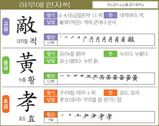 [하루에 한자씩 3월 1일] 대적할 적(敵)-누를 황(黃)-효도 효(孝)