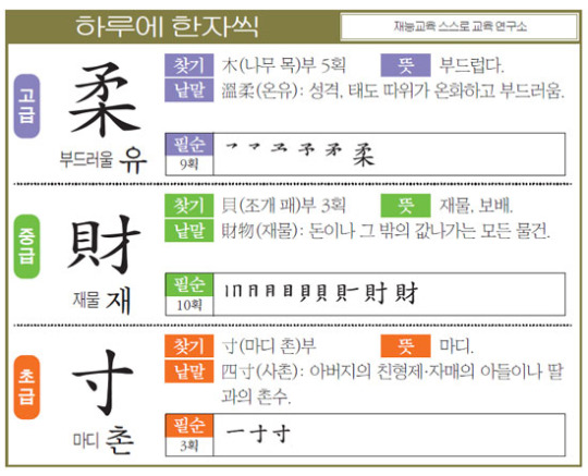 [하루에 한자씩 2월 8일] 부드러울 유(柔)·재물 재(財)·마디 촌(寸)