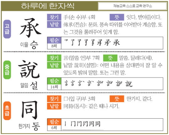 [하루에 한자씩 12월 13일] 이을 승(承)-말씀 설(說)-한가지 동(同)