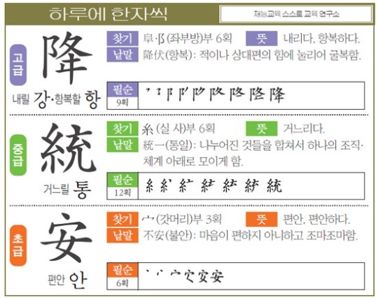 [하루에 한자씩 7월 23일] 내릴 강·항복할 항(降)-거느릴 통(統)-편안 안(安)