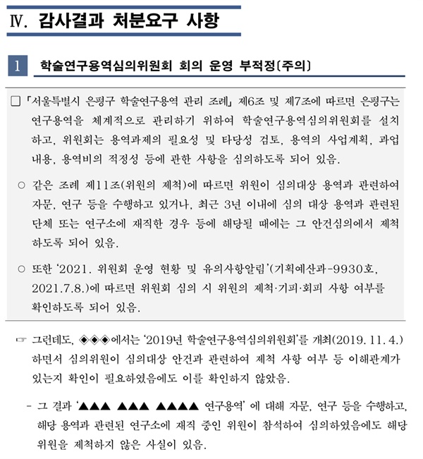 은평구청, 학술연구용역 관리실태 감사결과 공개
