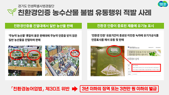 ‘가짜 친환경 농수산물’ 유통 43곳 경기도 특사경에 적발