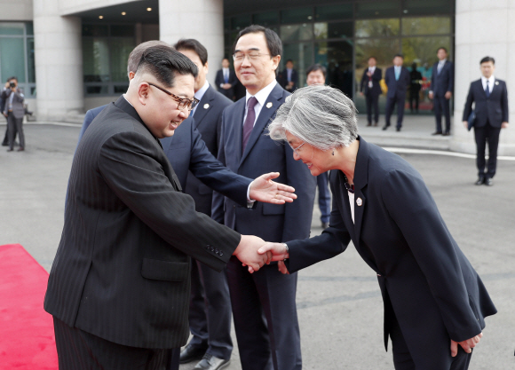 [서울포토] 강경화 장관과 인사하는 北 김정은 위원장