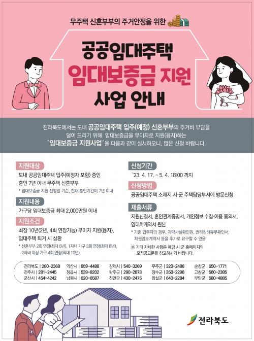 전북도, 신혼집 장만 돕는다…공공임대주택 임대보증금 무이자 지원