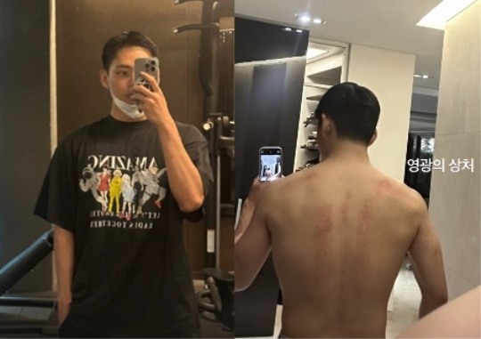 [팝업★]‘75kg 벌크업’ 뷔, 영광의 상처 가득한 등근육..캡틴코리아 다 됐네
