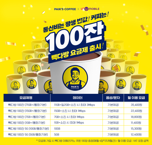 U+유모바일, 빽다방 요금제 출시…커피 총 100잔 제공