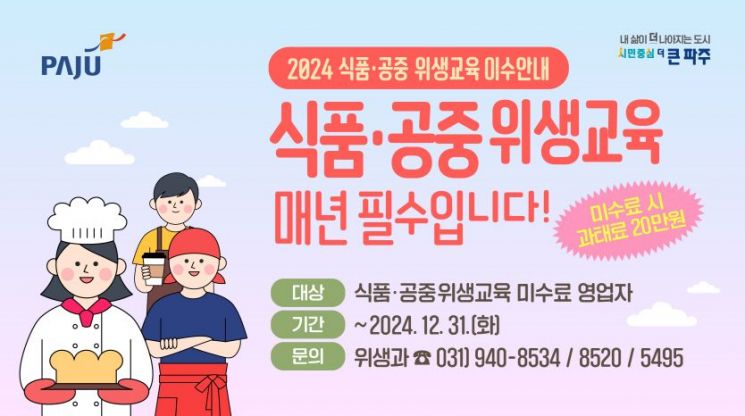 파주시, 식품·공중위생업소 기존영업자 위생교육 이수 독려