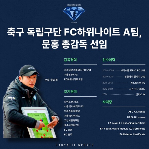 독립구단 하위나이트, 문도그 문홍 총감독 선임...2025년 K4리그 창단 위한 준비 시작