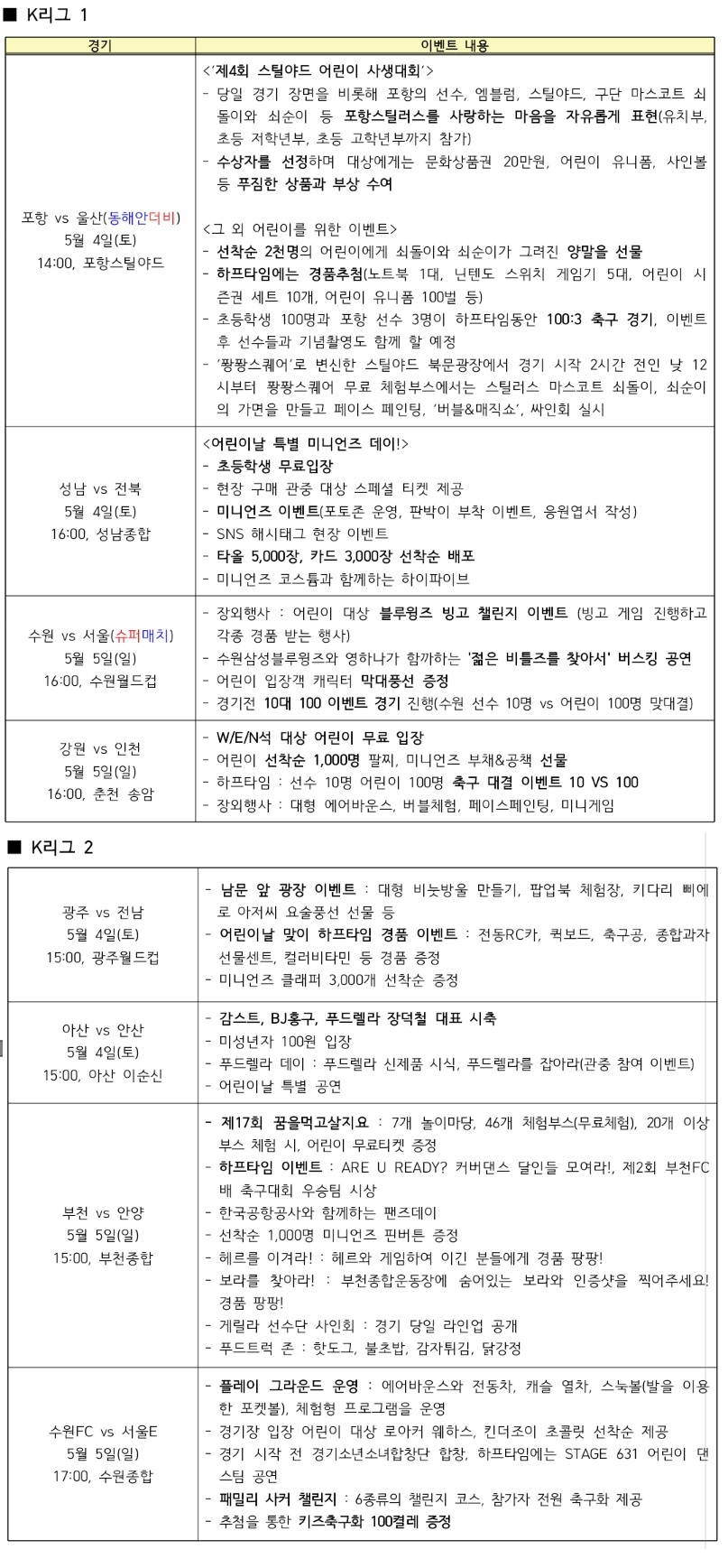 어린이날 황금연휴, K리그 이벤트 한가득