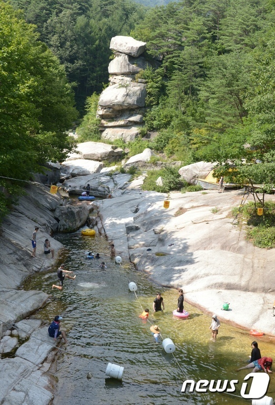 사선대에서 물놀이하는 피서객