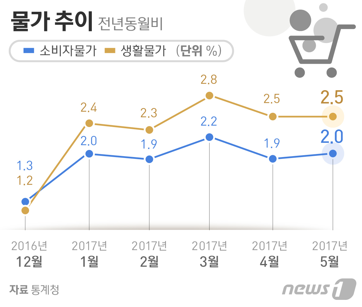 소비자물가 상승률 5개월째 2% 오르내려…5월 2.0% 올라(종합)