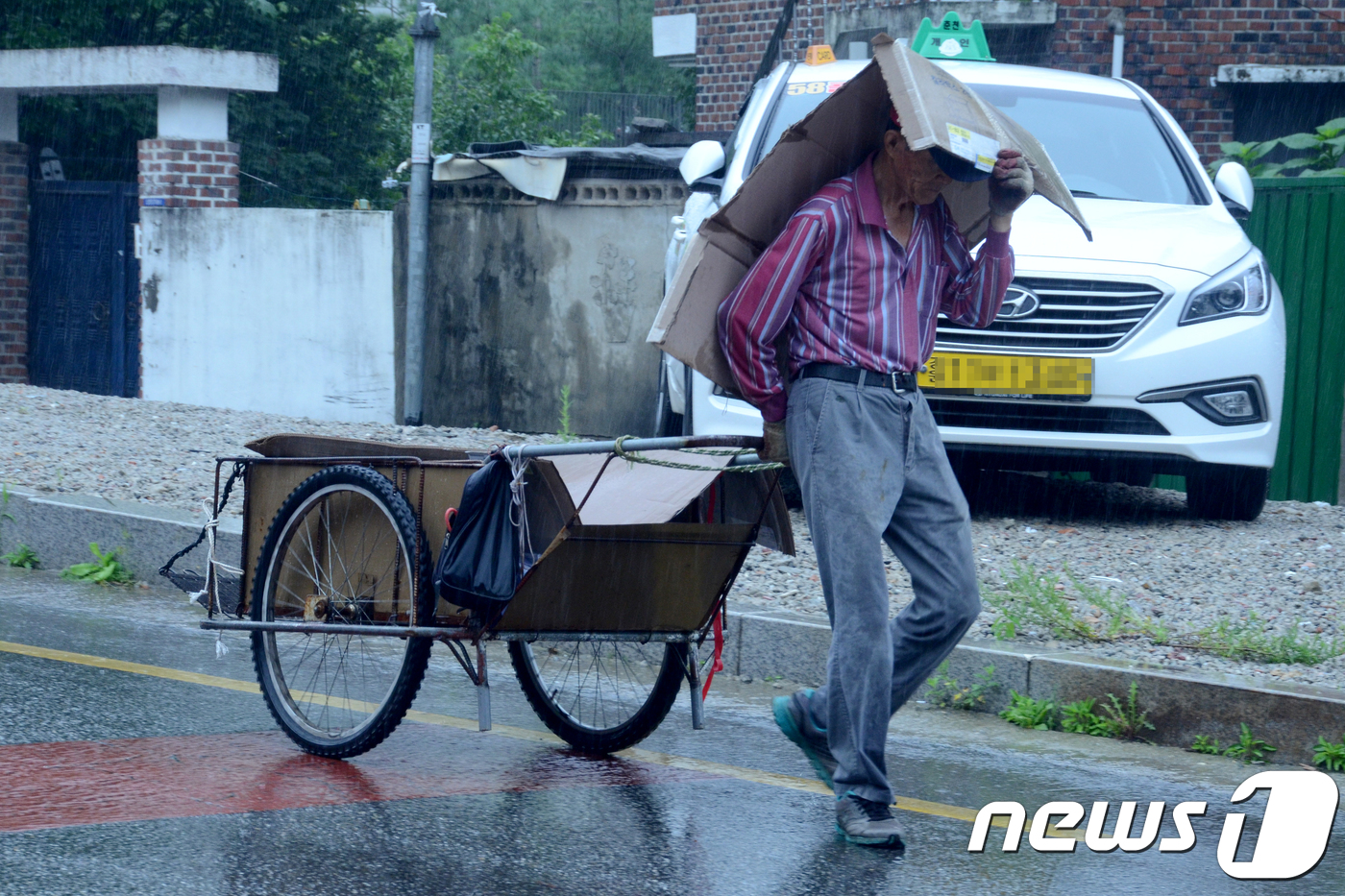 비 맞으며 수레 끄는 노인