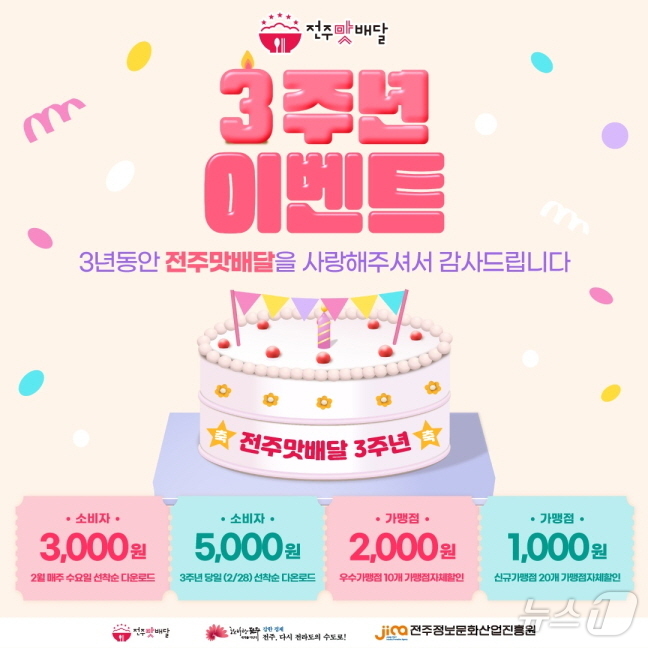혜택이 쏟아진다  전주맛배달. 2월 한 달간 3주년 기념 이벤트