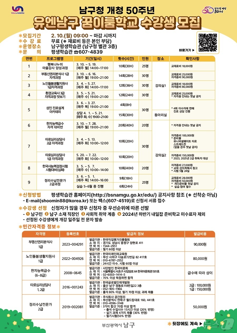 부산 남구, 10일부터 상반기 평생학습관 프로그램 참가자 모집
