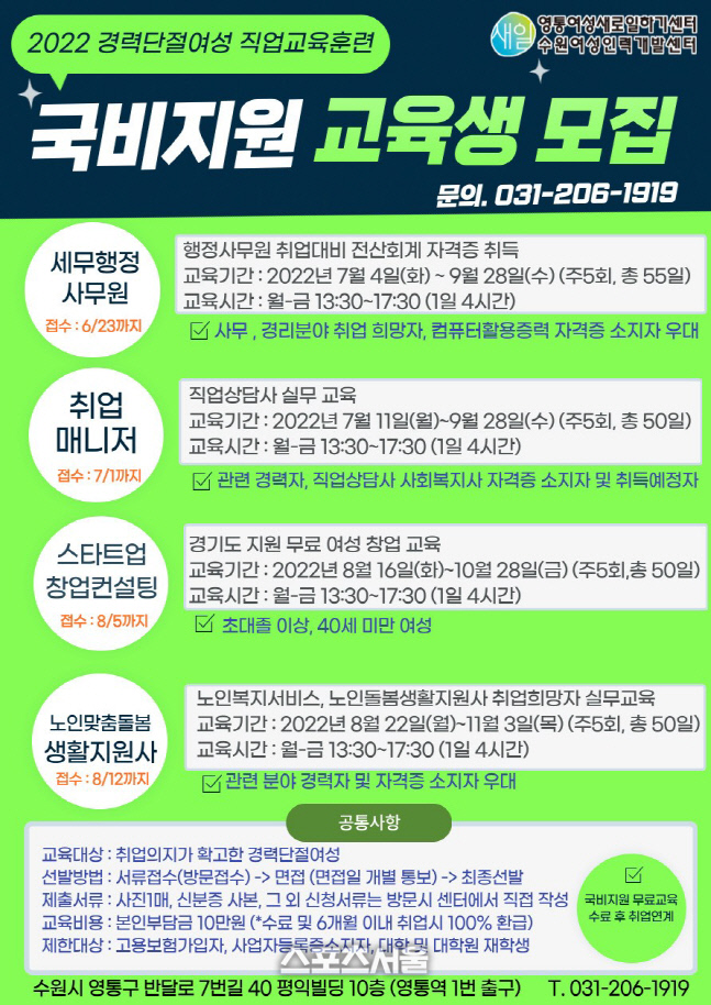 수원여성인력개발센터, 4개과정 국비 직업훈련 교육생 모집