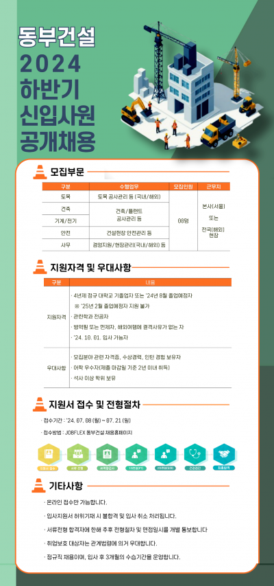 동부건설, 하반기 신입사원 공채···수주 증가로 인력 충원