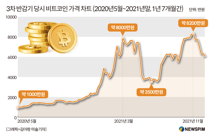 [그래픽] 3차 반감기 당시 비트코인 가격 차트 (2020년5월~2021년말, 1년 7개월간)
