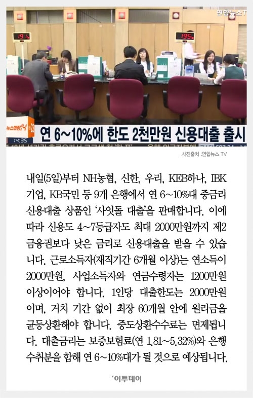 [카드뉴스] 은행, 연 6∼10%대 한도 2000만원 중신용자용 사잇돌 대출 출시